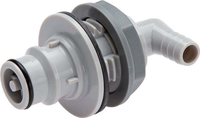 Exemplary representation: Angular coupling plug with grommet & bulkhead thread, polypropylene